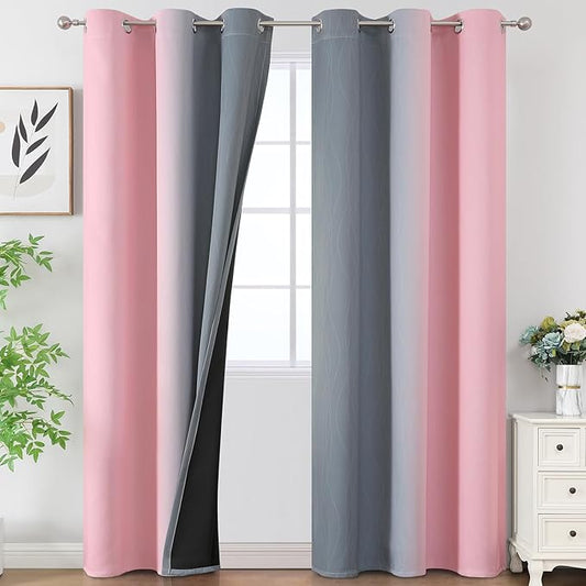 Estelar Textiler Pink and Grey Ombre Blackout Curtains for Living Room, Full Room Darkening Curtains for Bedroom, Light Blocking Grommet Thermal Insulated Gradient Drapes, 2 Panels, 42x96 Inch