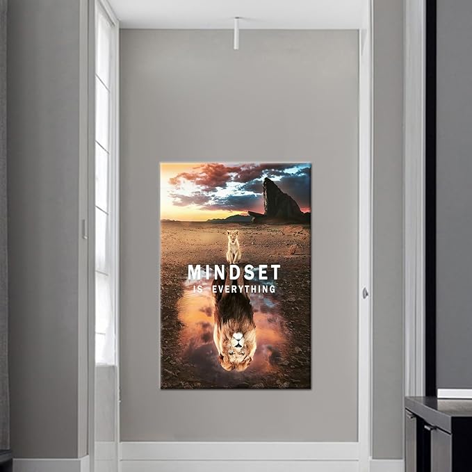 Mindset is Everything Canvas Painting Wall Art Motivational Posters Cute Animal Small Cat Big Lions Picture Prints Inspirational Framed Artwork Modern Home Decor Living Room Bedroom [24''W x 36''H]