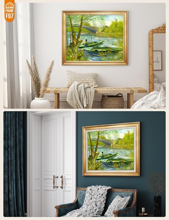 DECORARTS - Fishermen And Boats From The Pont De Clichy, Vincent Van Gogh Art Reproduction. Acid Free Cotton Canvas Giclee Print w/Bronze Frame&Mat for Wall Decor.