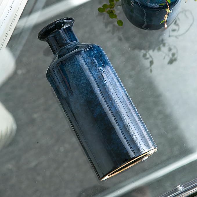 Blue Ceramic Vase Set of 3 Small Vases, Modern Farmhouse for Home Decor Bottles, Rustic Terracotta Vase Decorative Vases for Table,Fireplaces Decor, Bookshelf, Living Room