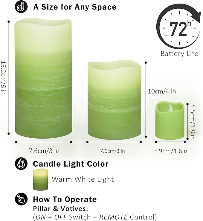 FURORA LIGHTING Green Ombre LED Candles with Remote, 4 Pillar and 4 Votives Pack of 8, Real Wax Flameless Flickering Candles for Home Décor, Battery Operated