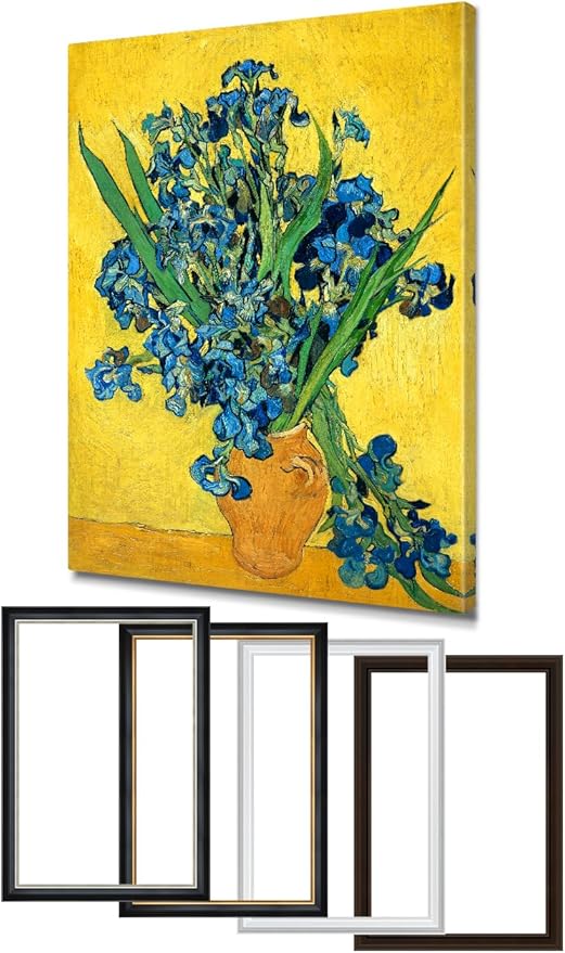 DECORARTS - Irises in a Vase by Vincent Van Gogh, Large Giclee Canvas Print with Solid Wood Frame, Oversized Wall Art Decor