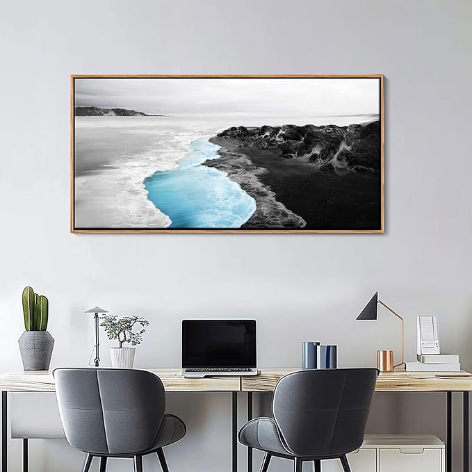 YCPRIMER Blue Beach Wall Art - Large Framed Canvas Coastal Decor Seascape Ocean Landscape Painting,Moden Seaside Picture for Living Room,Bathroom,Bedroom Artwork Wall Decoration Size 24×48Inch