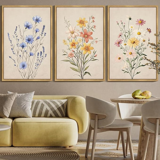 KUVIOKE Vintage Wildflower Bouquet Framed Wall Art Color Botanical Flower Wall Decor Modern Colorful Floral Hanging Decor for Living Laundry Dining 24x36in (Natural Framed)