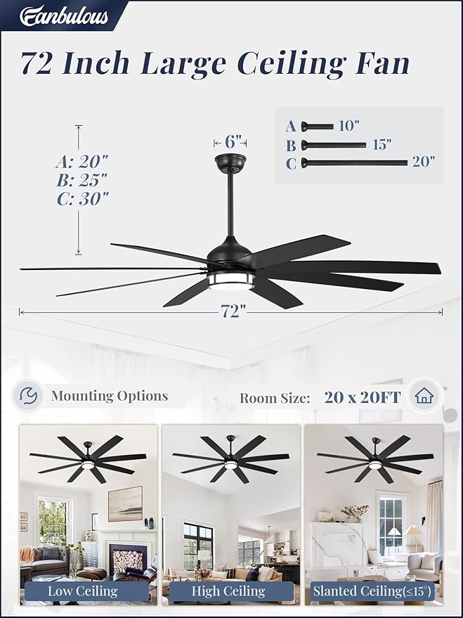 72 Inch Ceiling Fans with Lights, Large Black Ceiling Fans with Remote, Farmhouse Modern Ceiling Fan Fixtures with Bright LED Light for Living Room, Bedroom, Kitchen