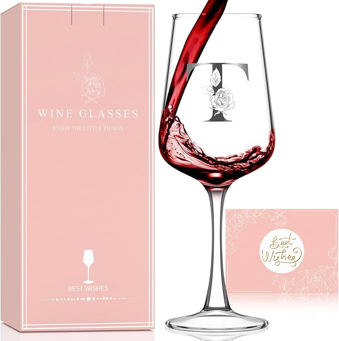 Monogrammed Wine Glass Gifts for Women - Personalized A-Z Wine Glasses with Gift Box & Greeting Card | Custom Mothers day, Anniversary, Birthday Gifts for Her, Mom, Wife, Best Friend, Sister,Woman (T)