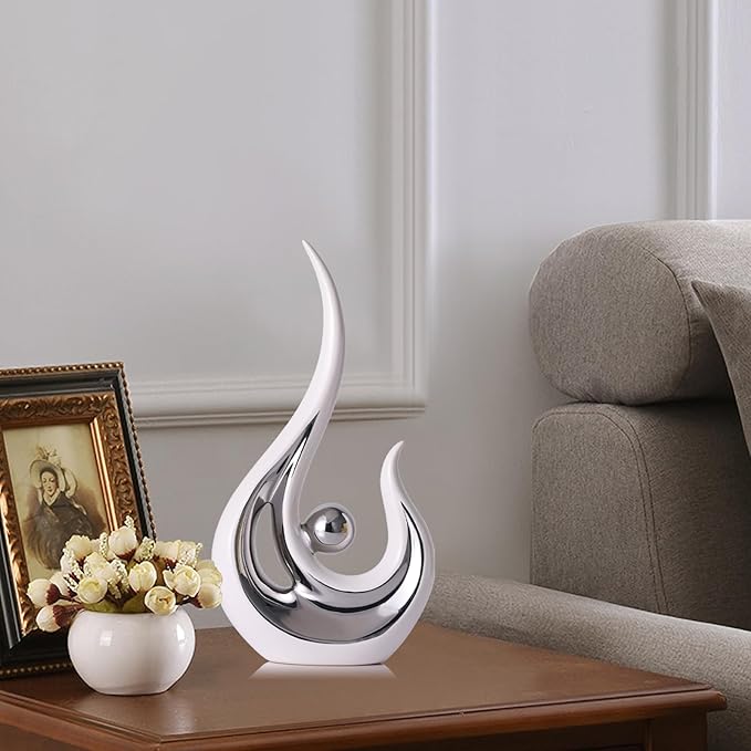 LCCCK White Silver Abstract Figurine Statues for Home Decor – Modern Ceramic Sculpture Accent, Decorative Statues for Living Room, Shelf, TV Stand, Office or Coffee Table Centerpiece Art Decoration