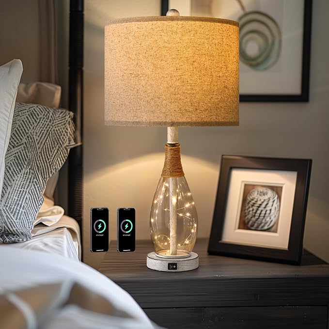 OYEARS 23" USB A+C Table Lamp for Bedroom Living Room Modern Bedside Lamps Retro Farmhouse Rattan Glass Nightstand Nightlight Lamps (White),Two Light Points