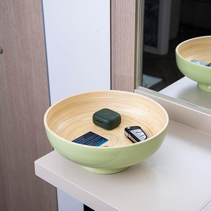 PEMAR 10" Lacquer Bamboo Fruit Bowl for Kitchen Counter, Handmade Large Decorative Pedestal Bowl for Entryway Table Home Decor, Key Bread Candy Snacks Organizer (Matcha Latte)