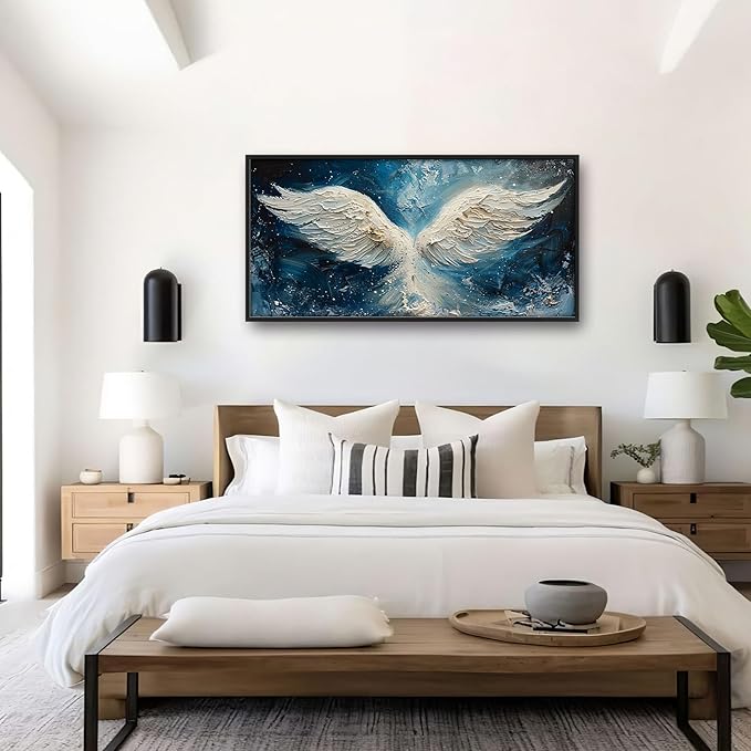 Angel Wings Large Wall Art for Living Room Framed, Angel Wall Decor Pictures, Christian Holy White Wing Canvas Print Painting, Aesthetic Artwork Bedroom Office Home Decor 60"x30"