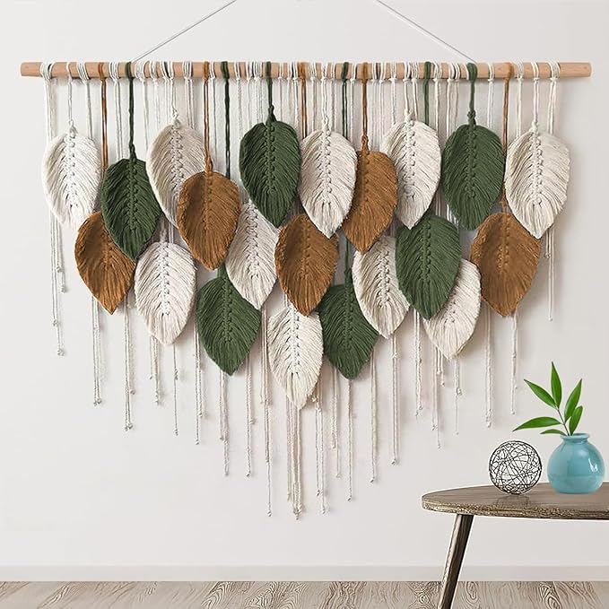 VEKALON Macrame Wall Art Tapestry - Large Boho Chic Woven Wall Hanging Decor for Bedroom, Modern Bohemian Leaf-Shaped Decorations for Office, Living Room, Bathroom(Forest Emerald)
