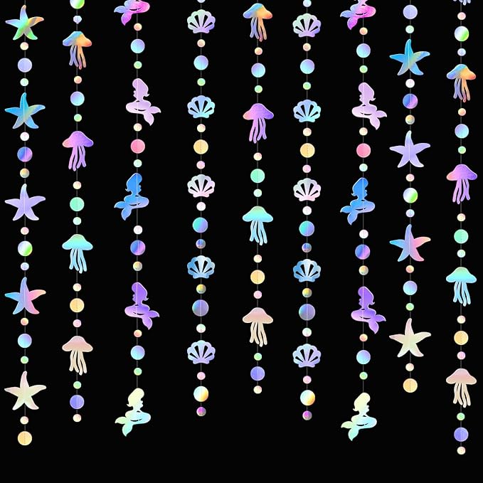 Iridescent Mermaid Birthday Party-Decorations Garland - 40FT Euphoria Under The Sea Jelly Fish Favors,Seashell Starfish Hanging Streamers Swirl,Little Mermaid Baby Shower Banner Decor Panduola