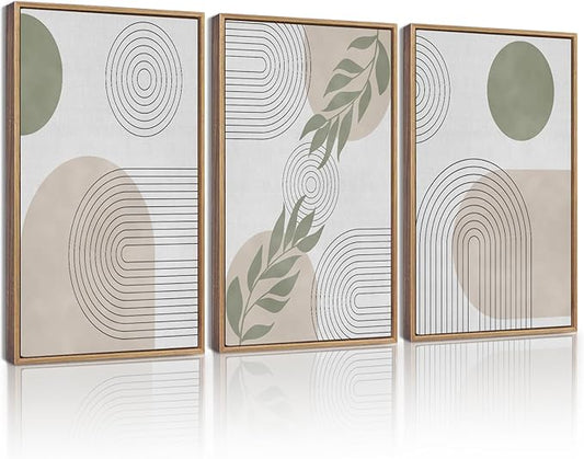 KUVIOKE Green Boho Framed Wall Art Modern Botanical Wall Printing Neutral Geometric Bohemain Sage Decor Ready to Hang 12x16in (Natural Framed)