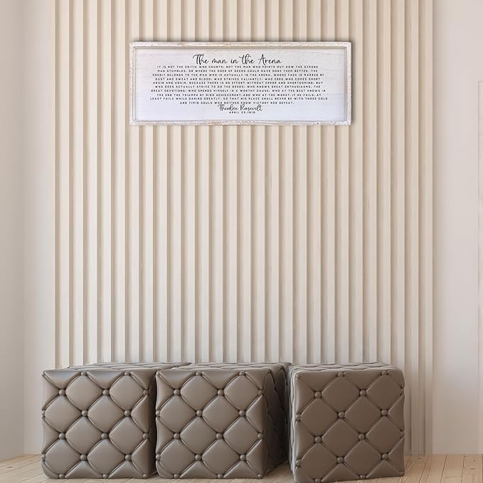 Surfapans The Man In The Arena Wall Decor 40"x15" Morden Office Motivational Wood Framed Sign For Men Large Farmhouse Living Room Inspirational Quotes Positive Speech Home Wall Decoration (White)