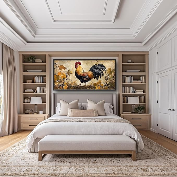 Flintis Large Rooster Framed Wall Art Vintage Chicken Grapevine Pictures Wall Decor Abstract Animal Canvas Painting Print Artworks Decor Framed for Living Room Bathroom Master Bedroom 60L X 30W