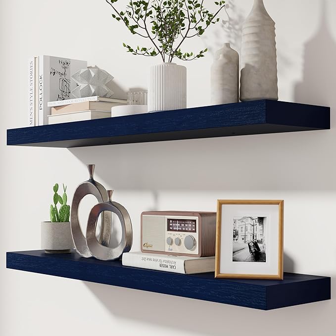 Dark Blue Floating Shelves 36 Inch, Solid Wooden Wall Shelves Set of 2, Rustic Floating Wall Shelves for Decor & Storage for Living Room Bedroom Bathroom