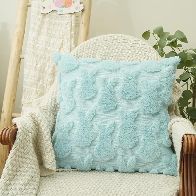 GEEORY Easter Bunny Soft Plush Pillow Covers, 16 x 16 Inch Set of 2, Fluffy Faux Fur Wool Decorative Farmhouse Cushion Case for Sofa Home Decoration Blue GC014-16