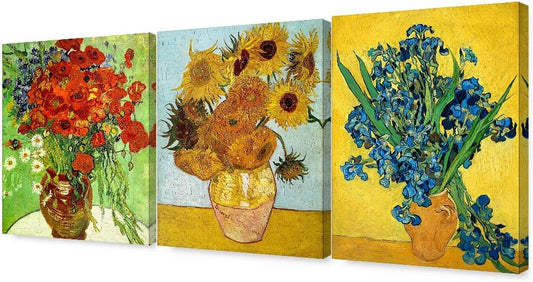 DECORARTS - Triptych (Van Gogh Flower Series), Vincent classic Art Reproduction. Giclee Canvas Prints Wall Art for Home Decor 16x20, 3pcs/set