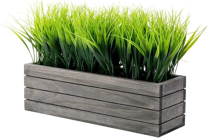MyGift 14 Inch Artificial Green Grass Plant in Vintage Gray Wood Planter Window Box, Faux Greenery in Decorative Rectangular Crate Style Wooden Container