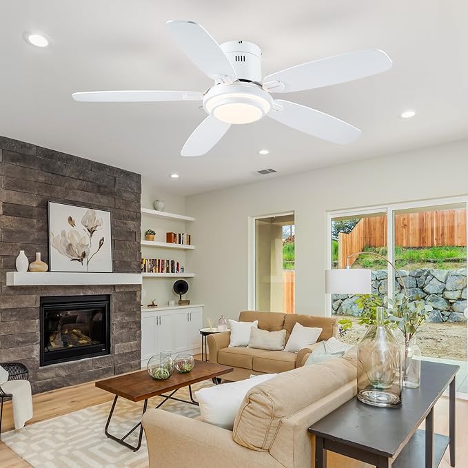 Low Profile Ceiling Fan with Lights and Remote/APP, 50 Inch Modern Flush Mount Ceiling Fan with 3CCT 6-Speeds Quiet DC Motor,Dimmable 3-Color Temperatures for Living Room Bedroom(White)