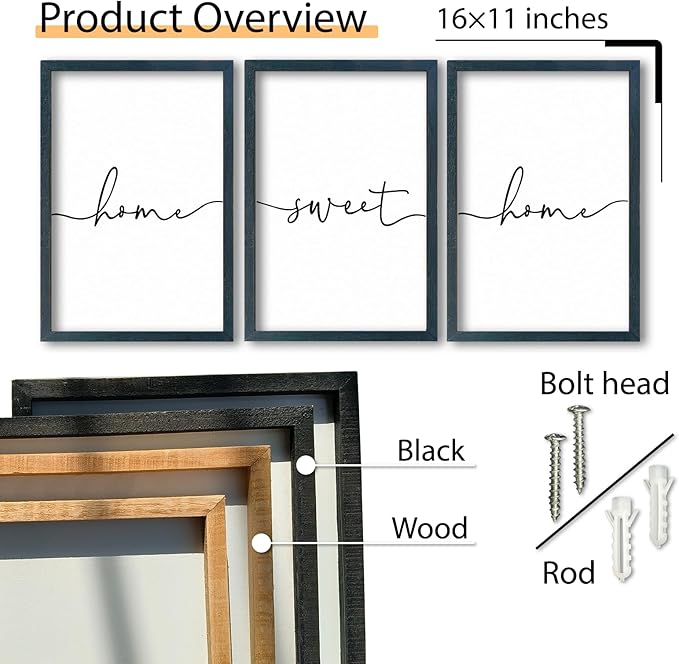 SRSZHIYUE Living Room Wall Decor Minimalist Home Sweet Home Sign Set of 3 16''×11'' Small Family Modern Farmhouse House Wall Plaque Horizontal Hanging Decoration (Black)