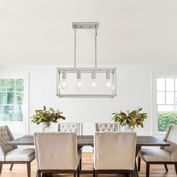 4-Light Dining Room Light Fixture Farmhouse Chandelier Brushed Nickel Modern Kitchen Island Pendant Lights Rectangular Hanging Lights Adjustable Height Metal E26 Base