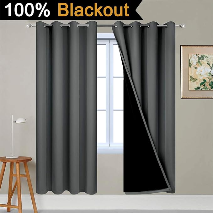 Yakamok 100% Blackout Curtains 72 Inches Long, 2 Thick Layers Thermal Insulated Window Treatment for Bedroom, Heat and Full Light Blocking Drapes with Black Liner (52Wx72L,Dark Grey,2 Panels)