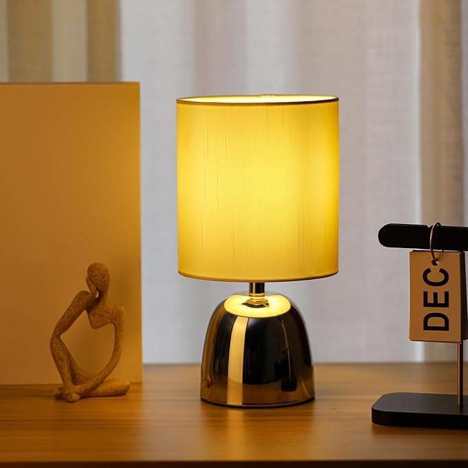 Small Modern Touch Eye Protection Bedside Table Lamp, 5.5 x 5.5 x 10 Inch Farmhouse Table Lamps, Silver Metal Base Table Lamp for Living Room Bedrooms and Office (White Fabric Lampshade)