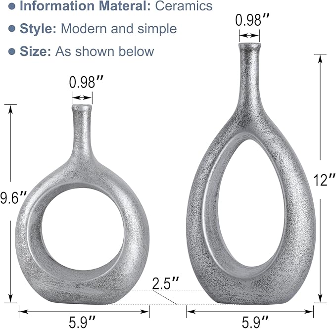 Silver Ceramic Hollow Elliptical Vase Set of 2 - Boho Circle Vase with Hole, for Modern Silver Table Decor, Living Room Decor Shelf mid Century Modern Home Entrance Decorative vase