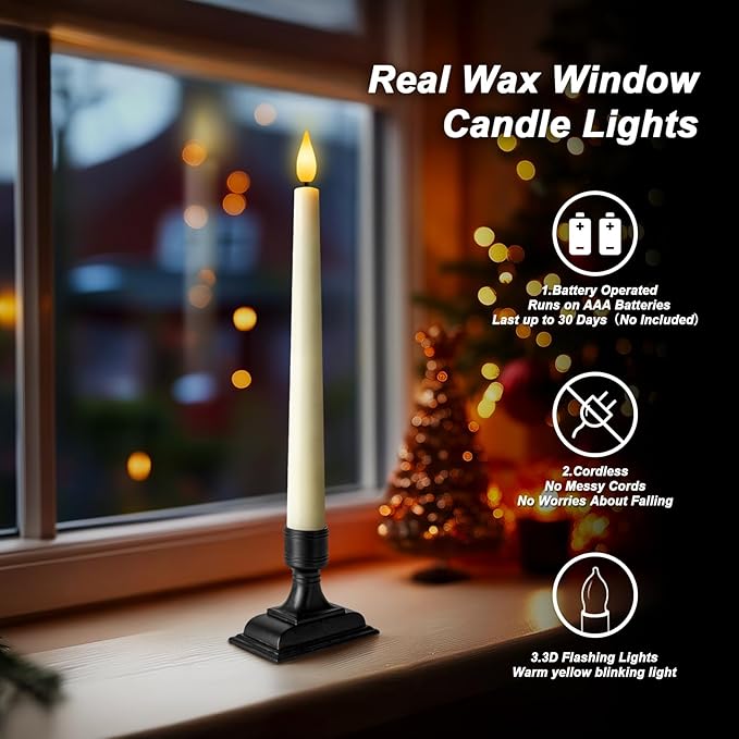 Homemory Wax Window Candles with Remote Timer Dimmer, Battery Operated Candlesticks with Holders, Christmas LED Candlesticks for Window Home Part Decor, 6 Pcs Ivory