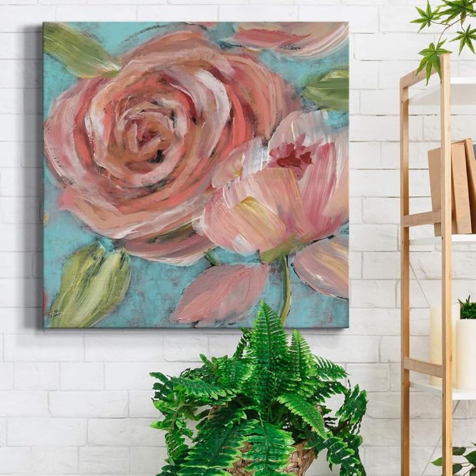 Wexford Home Square Premium Gallery Wrapped Canvas Flower Multicolor Wall Art Abstract Floral Romance Modern Pictures Print for Home Office, Ready to Hang, blushing coral beauties, 24x24