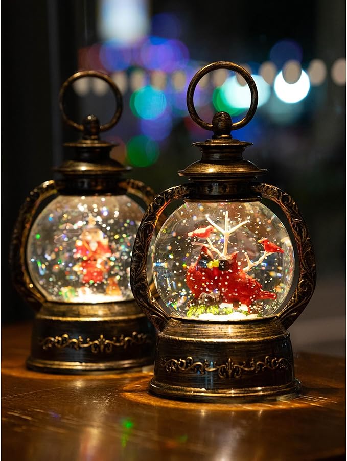 Musical Snow Globe Lantern Lighted 2 Cardinal Christmas Snow Water Lantern Swirling Glittering Home Decoration and Gift, Battery Operated or USB Powered
