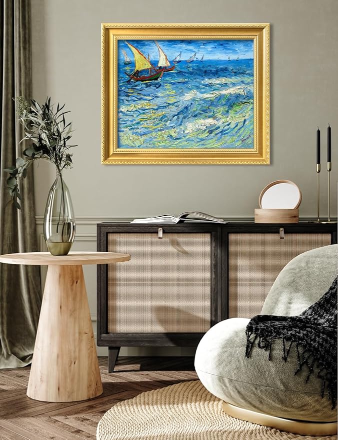 DECORARTS - Fishing Boats at Sea by Vincent Van Gogh. Giclee Print on Acid-Free Canvas in Gold Solid Wood Frame. Picture Size: 20x16, Total Size: 24.75x20.75, Made in USA
