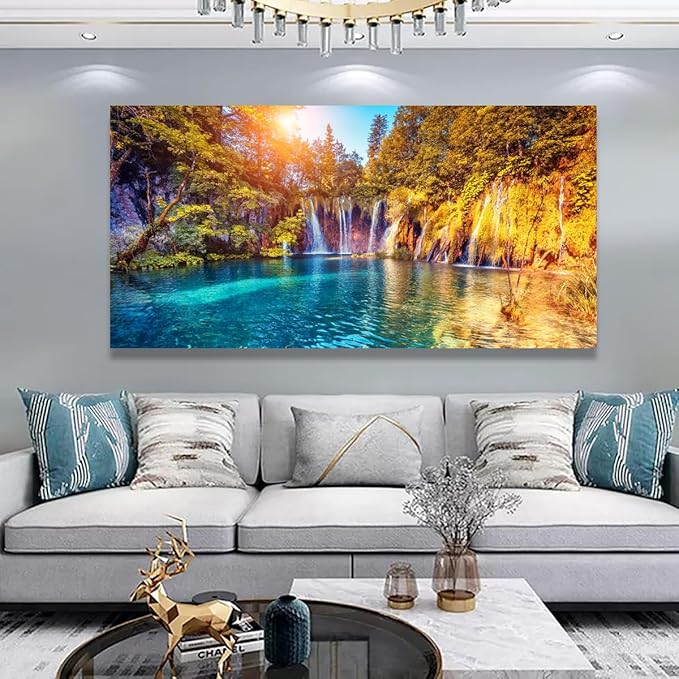 Lake Water Pictures Canvas Wall Art for Living room Bedroom Wall Decor,Waterfall Wall Art Print Paitnings for home Decor,Morden Artwork Sunset Tree Canvas Art Waterproof Stretched Ready to
