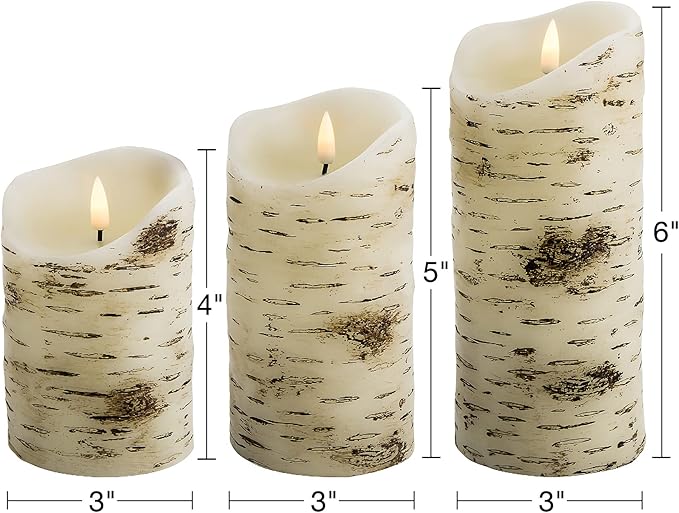 Eywamage Birch Bark Flameless Pillar Candles with Remote, Flickering Rustic Battery LED Wood Candles Set of 3