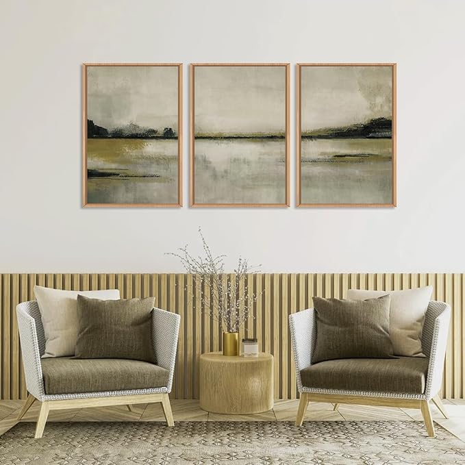 KAIRNE Abstract Mountain Lake Wall Art Set, 3 piece Textured Canvas Wall Decor, Framed Nordic Neutral Tan Wall Painting, Nature Landscape Art Print for Bedroom, Living Room, Office - 24"x36"x3