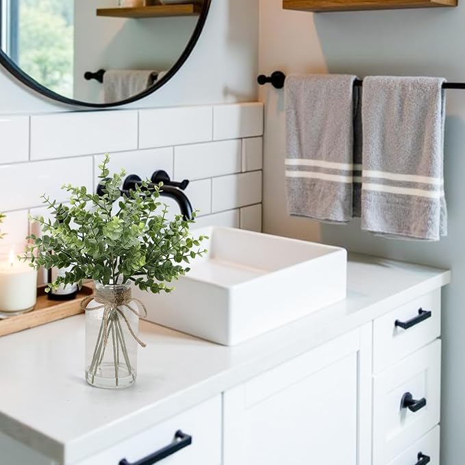 Artificial Eucalyptus Stem in Vase,Realistic Small Fake Eucalyptus Plant for Coffee Table Farmhouse Shelf Bathroom Home Office Decor