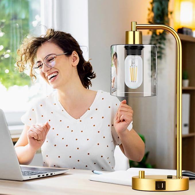 Set of 2 Industrial Table Lamps with USB Port, Gold Fully Stepless Dimmable Bedside Lamps for bedrooms, Nightstand Desk Lamp with Clear Glass Shade for Reading Living Room Office 2 LED Bulb