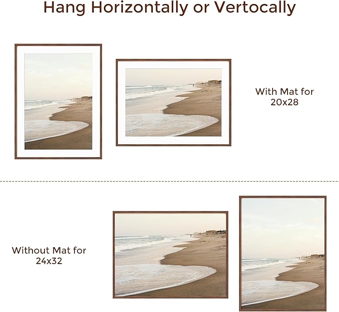 Fun Memories Oak Wood Picture Frame 24x32 for Wall, Rustic Poster Frame With Real Glass, Mat for 20x28, Walnut Color (1 Pack)