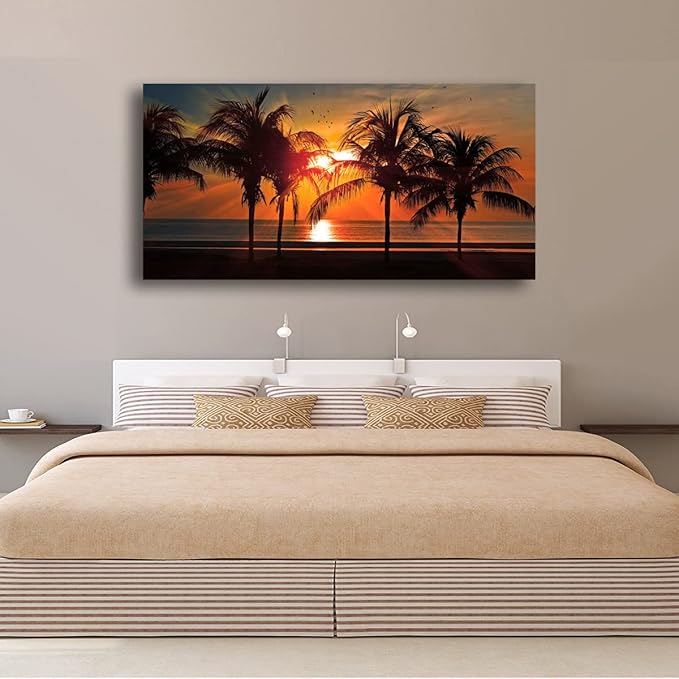 Beach Canvas Wall Art Seascape Theme Pictures Home Decor Blue Ocean Coconut Tree Sunset Prints Paintings for Living Room Bathroom Bedroom Kitchen Office Decoration Natural Scenery Artwork 24x48inches