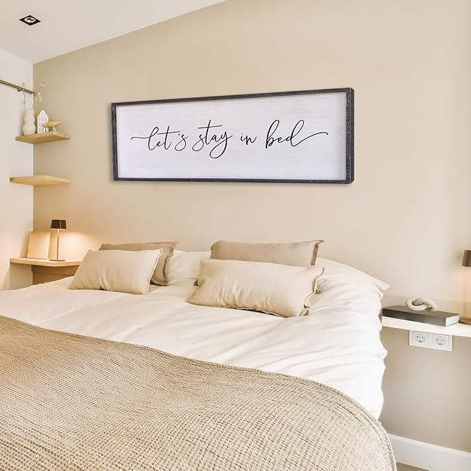 Surfapans Lets Stay In Bed Wall Decor 40”X15” Large Farmhouse Master Room Above Bed Soild Wood Framed Rustic Guest Room Sign Beautiful And Simple Plaque Over Bed Hanging Wall Art Decoration (Black)