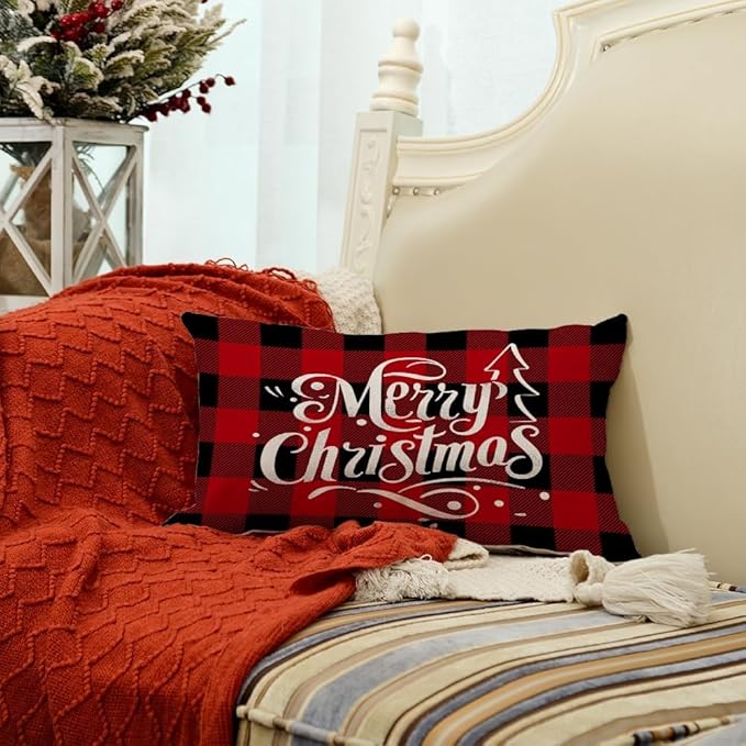 GEEORY Merry Christmas Pillow Covers 12 x 20 Inch Set of 4, Xmas Trees Buffalo Plaid Believe Truck Throw Pillowcases Farmhouse Decorative Cushion Cases for Home Sofa Decoration G421-12
