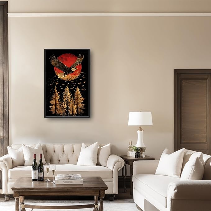 Lovira Bald Eagle Large Wall Art Eagle Japanese Sun Forest Canvas Wall Decor Pictures Prints Painting Framed Modern Vertical Artwork for Living Room Bedroom Bathroom Office 24"x36"