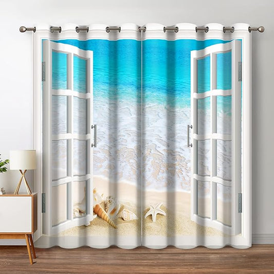Jekeno Ocean Beach Blackout Curtains Tropical Scene Sea Waves Shell Starfish Conch View Through White Wooden Window Bedroom Living Room Decor Darkening Grommet Window Drapes 2 Panel Set, 52"x84"