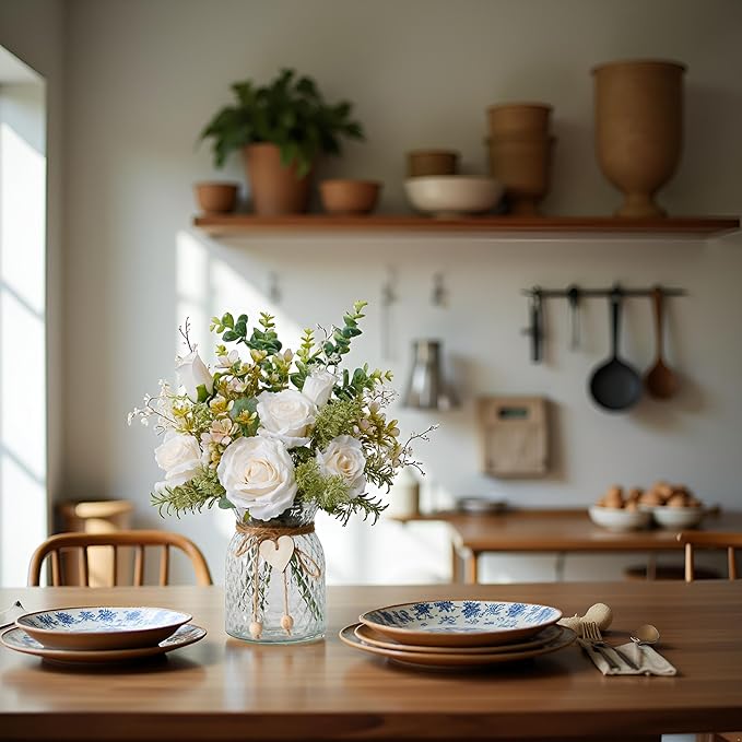 Fake Flowers in Vase,Faux Flowers for Vase,Artificial Silk Roses,Dining Table Centerpiece Decor,Flower Arrangements for Home Decor,Kitchen Decor
