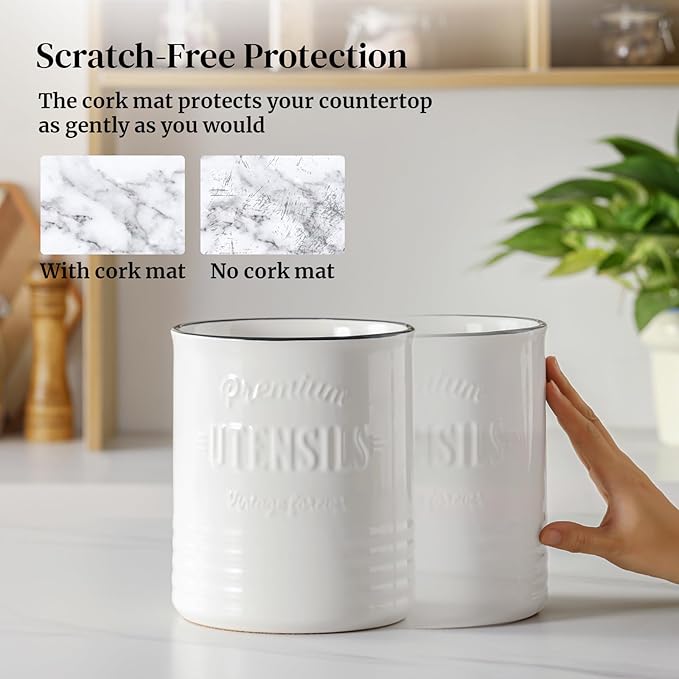 DOWAN Kitchen Utensil Holder, 7.2″ Extra-Large Ceramic Stable Utensil Caddy, Rustic Cooking Utensil Crock for Farmhouse Kitchen Décor, Utensil Holder for Countertop (White with devider, 7.2 Inch)