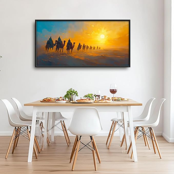 Flintis Large Desert Camel Framed Wall Art Sunset Camels Pictures Wall Decor Abstract Natural Landscape Canvas Painting Print Artworks Framed for Living Room Bathroom Master Bedroom 60L X 30W