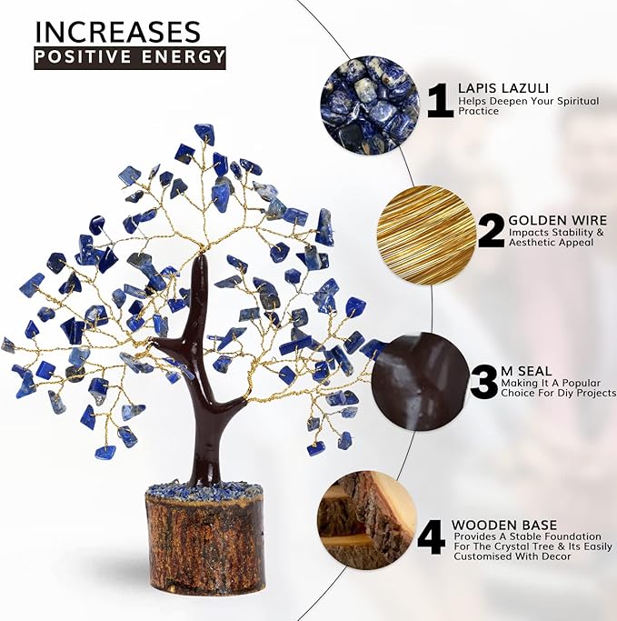 NARIBABU Lapis Lazuli Crystal Tree (7–8 Inch, 100 Chips) – Handmade Gemstone Tree with Raw Stones & Golden Wire – Birthday Gifts for Women, Gift for Her, Spiritual Decor, Office Desk