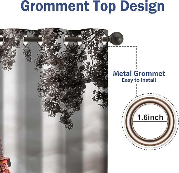 Jekeno Paris Eiffel Tower Blackout Curtains Landmark Picture of Famous Place Cityscape Scene Decor for Home Bedroom Living Room Grommet Window Drapes 2 Panel Set, 52"x84"