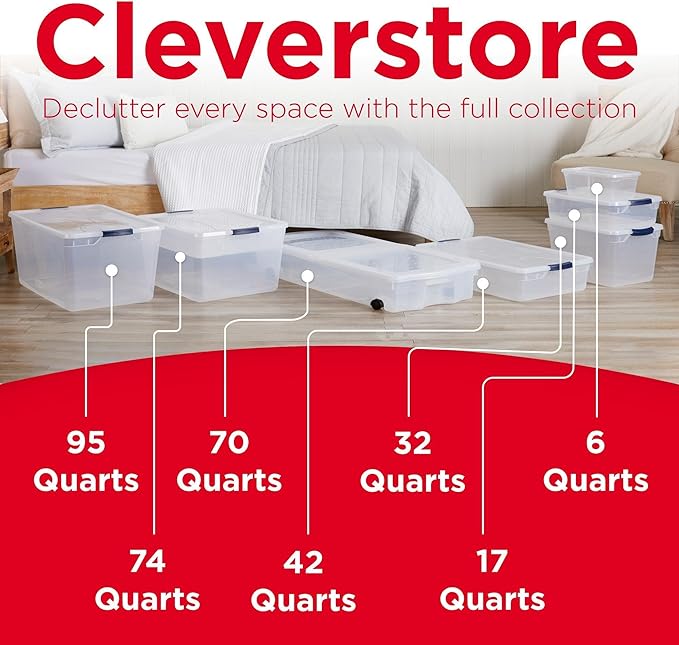 Rubbermaid Cleverstore Clear 30 QT Pack of 6 Stackable Plastic Storage Containers with Durable Latching Clear Lids
